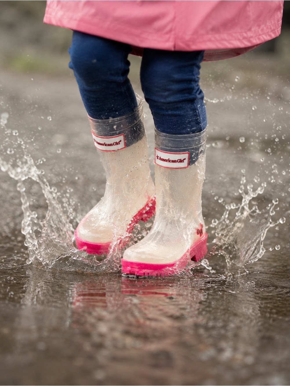 American Girl Clear Rain Boots with Bright Pink Soles (no insoles) Sz 8/9